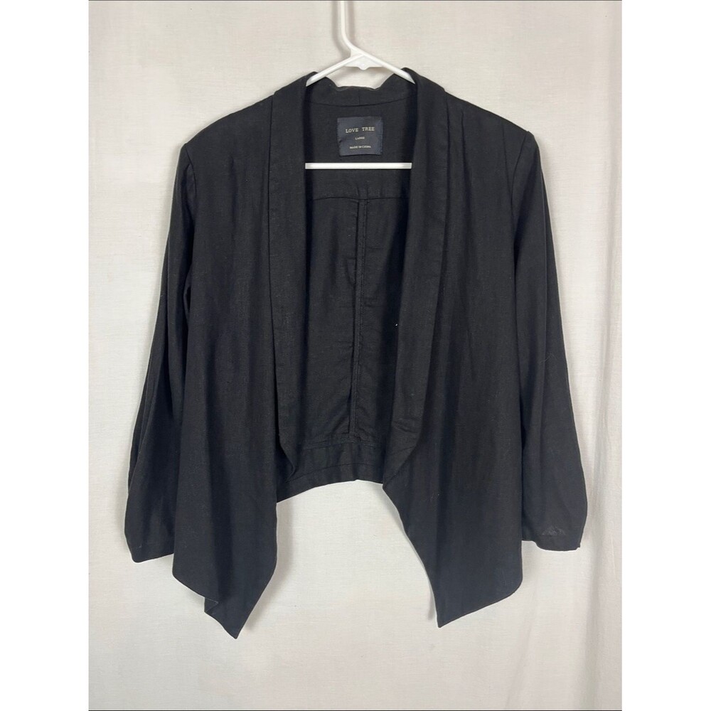 Love Tree Linen Blend Black 3/4 Sleeve Handkerchief Hemline Cardigan